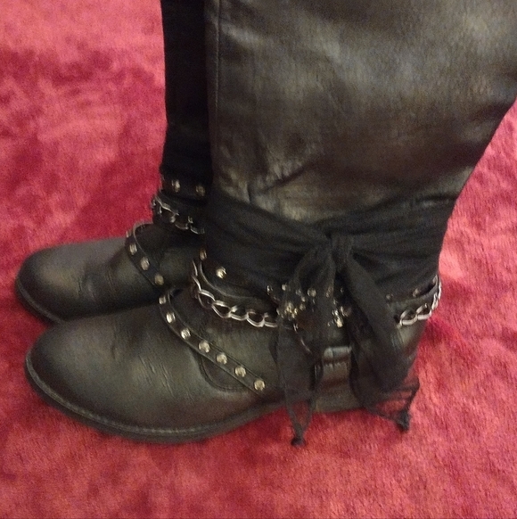 Black Knee-High Boots with Chain, Rhinestone and Strap Details - Picture 6 of 15